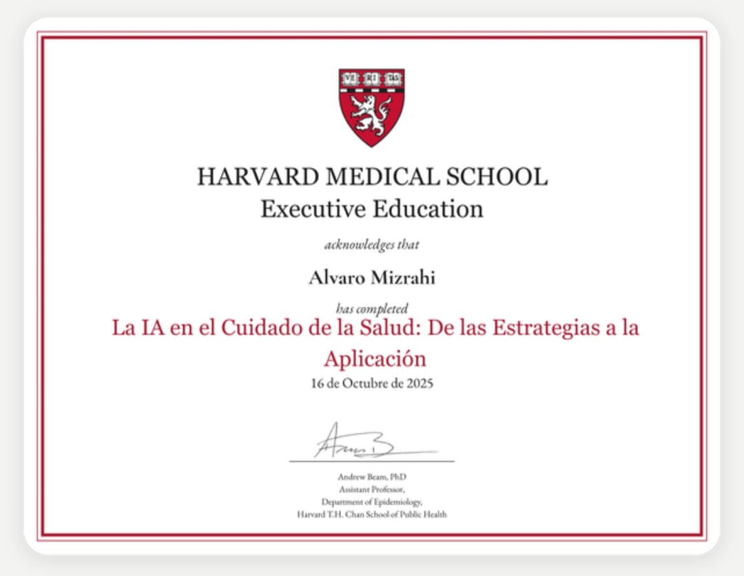 Certificado de Harvard Medical School Executive Education a nombre de Alvaro Mizrahi