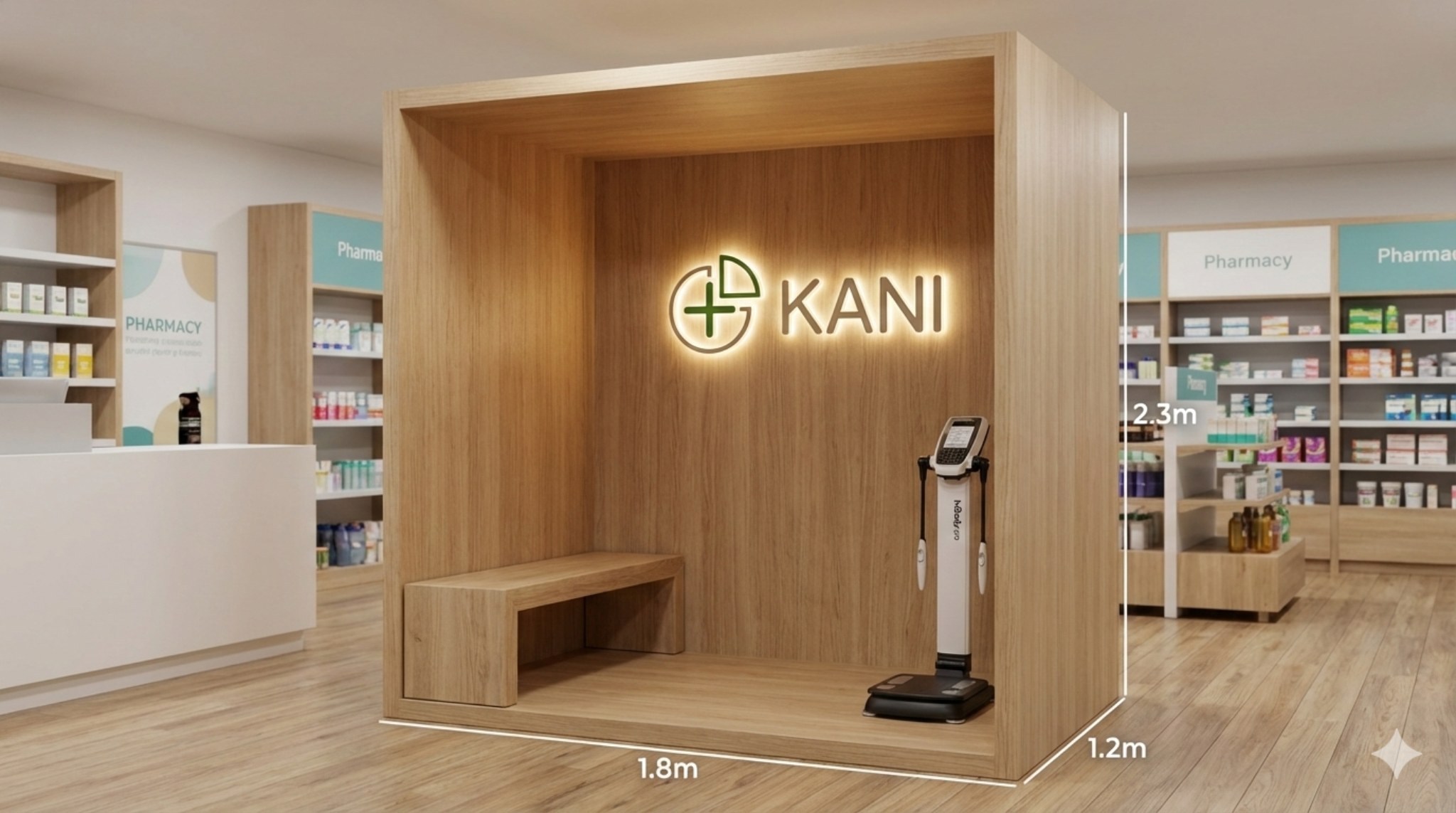 Stand de madera con la marca Kani y el equipo de bioimpedancia, instalado en un punto de atención
